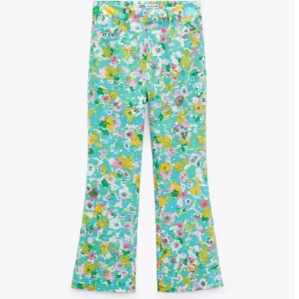 Zara NWT Printed Linen Blend Flared Trousers Green Blue Pink Floral Print Size 4